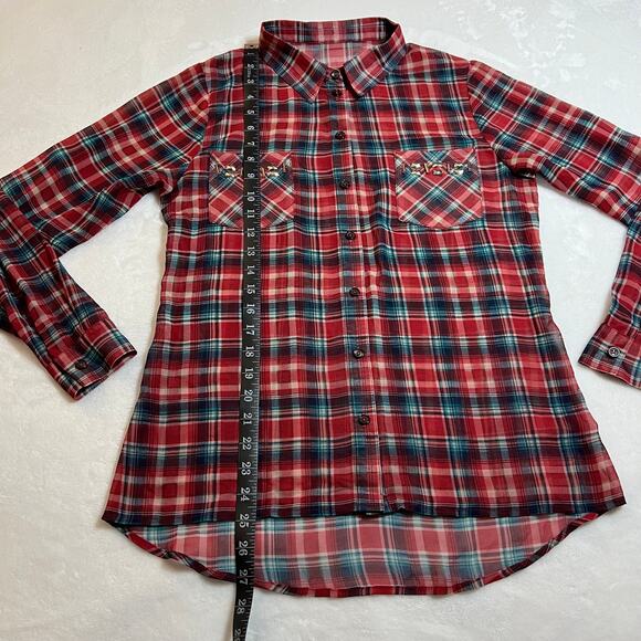 Women's Plaid Semi Sheer Button Up Shirt Size Medium Embellished Cowgirl Rodeo - Picture 7 of 8